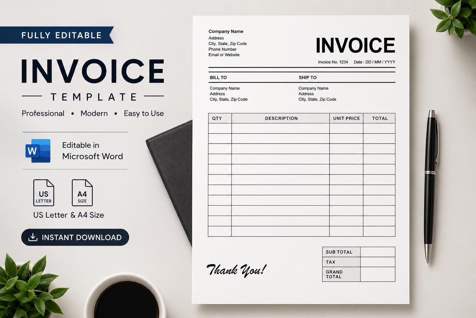Editable Invoice Template: Printable Microsoft Word Invoice + Excel (A4 ...