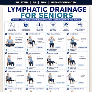 May include: An informational chart titled Lymphatic Drainage for Seniors featuring 16 gentle low-impact exercises. The document includes illustrations of a person performing movements like deep belly breathing, seated marching, and arm circles.