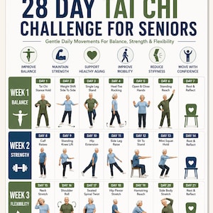 28-Day Tai Chi Challenge for Seniors Printable PDF | Gentle Daily Balance Strength & Flexibility Program | Senior Fitness Tracker Poster