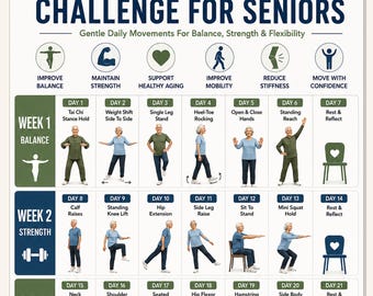 28-Day Tai Chi Challenge for Seniors Printable PDF, Gentle Daily Balance Strength & Flexibility Program, Senior Fitness Tracker