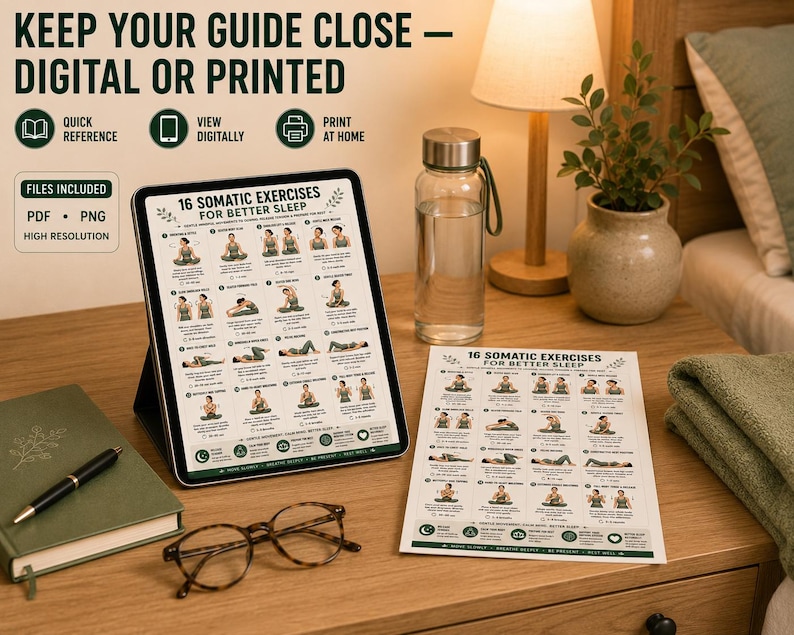 16 Somatic Exercises for Better Sleep | Bedtime Wind-Down Routine Printable | Gentle Mindful Movement Guide | Sleep & Relaxation Wall Art