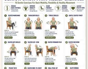 Back Pain Relief Exercises for Seniors | Lower Back Workout for Seniors|Chair Yoga Poster for Older Men |No Equipment Seated Exercise Chart