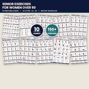 Può includere: Una raccolta di 10 schede di esercizi stampabili intitolate Senior Exercises for Women Over 50, che presentano oltre 150 esercizi. I documenti bianchi includono intestazioni come 28-Day Fitness Challenge, Weekly Workout Plan e Full Body Workout, con piccole illustrazioni di vari movimenti fisici.