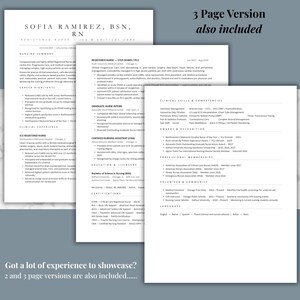 May include: A professional resume template for a Registered Nurse, featuring a clean, minimalist design. The resume includes sections for nursing summary, career highlights, clinical experience, and certifications. The text "3 Page Version also included" is visible.