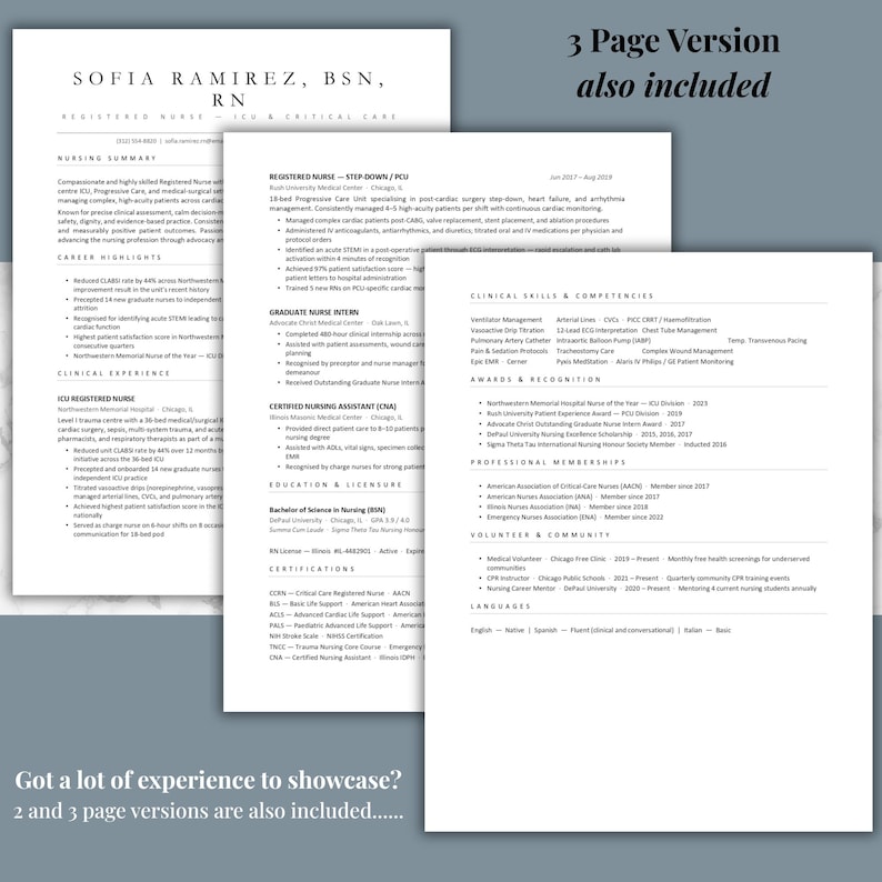 May include: A professional resume template for a Registered Nurse, featuring a clean, minimalist design. The resume includes sections for nursing summary, career highlights, clinical experience, and certifications. The text "3 Page Version also included" is visible.