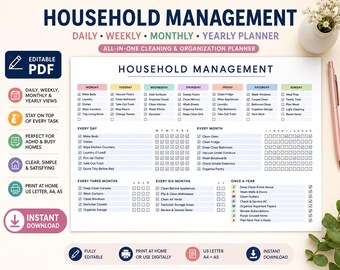 Calendario de limpieza del hogar editable e imprimible Planificador de limpieza para personas con TDAH Lista de tareas de limpieza diaria, semanal y mensual Plantilla de tabla de tareas domésticas