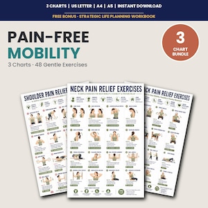 Può includere: Un set digitale di tre tabelle di esercizi intitolate Pain-Free Mobility, che mostrano 48 movimenti delicati per alleviare il dolore al collo e alle spalle. Le tabelle includono istruzioni illustrate, disponibili nei formati A4, A5 e US Letter.