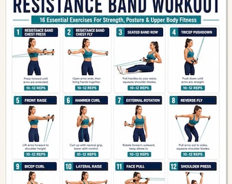 Resistance Band Upper Body Workout, Arm, Shoulder, Back & Chest Exercises, Home Gym Workout With Resistance Tube Poster Printable PDF Chart
