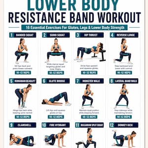 May include: A digital workout chart titled Lower Body Resistance Band Workout featuring 16 numbered exercise illustrations. Each section displays a person performing a movement with a resistance band, including text instructions and rep counts.