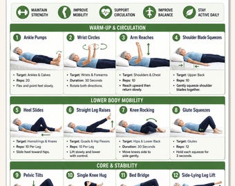 Senior Bed Exercises Printable | 16 Gentle Chair Bed Workout Chart for Seniors | Mobility Flexibility Elderly | Instant Download