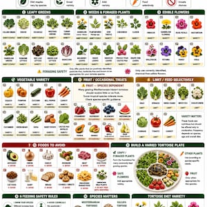 Puede incluir: Una infografía de tabla de alimentos seguros para tortugas que presenta una ilustración de tortuga, secciones categorizadas para verduras, hierbas, flores comestibles, frutas y alimentos a evitar, con iconos de plantas numerados y etiquetas de texto.