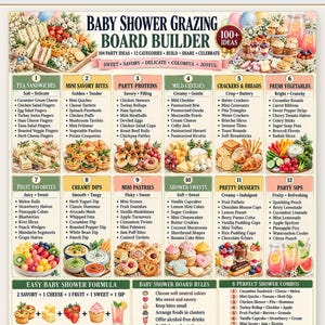 May include: A digital guide titled Baby Shower Grazing Board Builder featuring 12 categories of food ideas, including tea sandwiches, savory bites, proteins, cheeses, breads, vegetables, fruits, dips, pastries, sweets, desserts, and drinks.