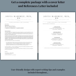 May include: A complete package with a cover letter and references letter. The design includes the name "SOFIA RAMIREZ, BSN, RN" and the text "User-friendly design with expert writing tips and examples included throughout..."