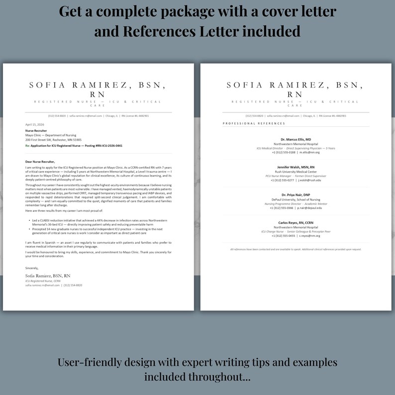 May include: A complete package with a cover letter and references letter. The design includes the name "SOFIA RAMIREZ, BSN, RN" and the text "User-friendly design with expert writing tips and examples included throughout..."