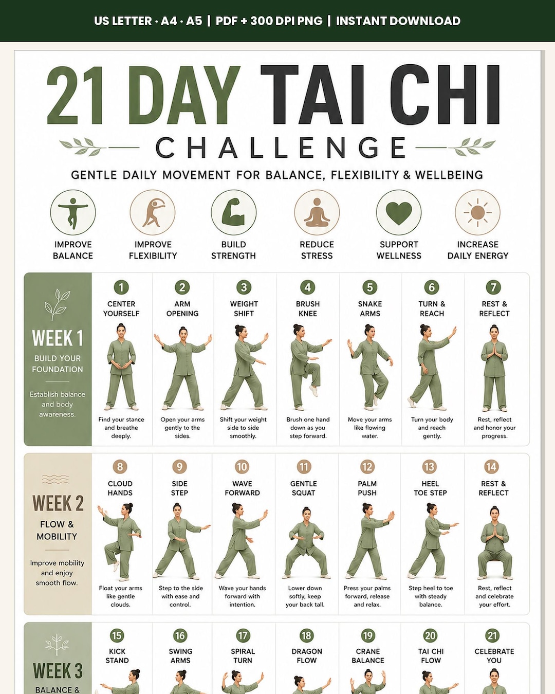 21 Day Tai Chi Challenge Printable | 3 Week Gentle Tai Chi Program for ...