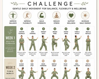 21 Day Tai Chi Challenge Printable Chart, 3 Week Gentle Tai Chi Program for All Levels, Daily Movement Routine PDF, Balance and Flexibility