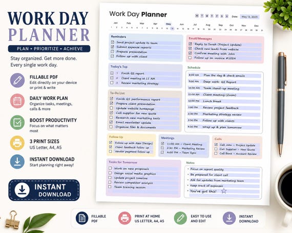 Work Day Planner editable| Work Day Organizer| Daily Work Schedule | Work Task Planner |  To Do List| Hourly Planner | Productivity Planner