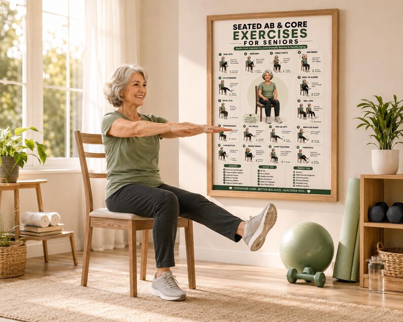 Seated Ab and Core Exercises for Seniors Poster |gentle Chair Workout ...