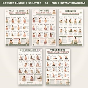 May include: A five-poster bundle with guides for stress relief, emotional regulation, morning routines, sleep and relaxation, and vagus nerve stimulation exercises. Each poster features illustrations and text. The posters are available in US Letter and A4 sizes.