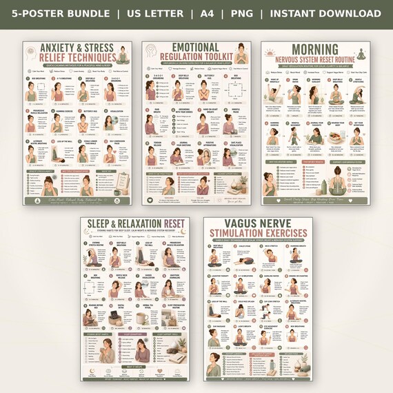 Mental Wellness Bundle 5 Posters | Anxiety Relief, Vagus Nerve, Sleep Reset, Emotional Regulation | Nervous System Printable A4 Letter