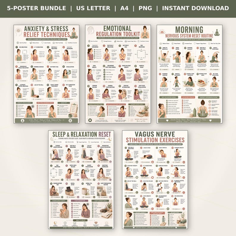 mental health bundle, anxiety relief, vagus nerve poster, nervous system, stress relief, emotional regulation, wellness printable, sleep reset, self care bundle, anxiety poster, mindfulness poster, mental wellness, breathing exercises