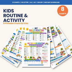 May include: A set of 8 printable routine and activity charts for kids, featuring colorful illustrations of suns, rainbows, and daily tasks. The text includes titles like My Daily Routine and My Summer Routine, with checkboxes for tracking morning, afternoon, and evening habits.