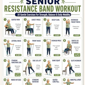 May include: A digital poster titled Senior Resistance Band Workout featuring 16 numbered exercise illustrations. Each panel shows a person using a green resistance band with text instructions and repetition counts for strength, balance, and mobility.