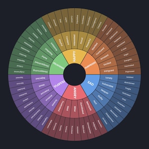 Può includere: Un grafico circolare delle emozioni diviso in sei segmenti colorati che rappresentano felice, sorpreso, triste, arrabbiato, pauroso e disgustato. Ogni segmento si irradia da un cerchio nero centrale, con sottocategorie in testo bianco.