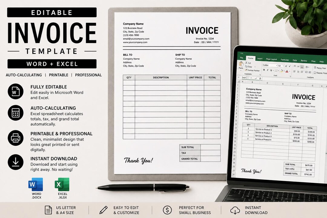 Log Invoices Templete Editable Invoice Template: Printable Microsoft Word Invoice + Excel (A4 ...