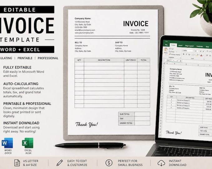 Editable Invoice Template: Printable Microsoft Word Invoice + Excel (A4 ...
