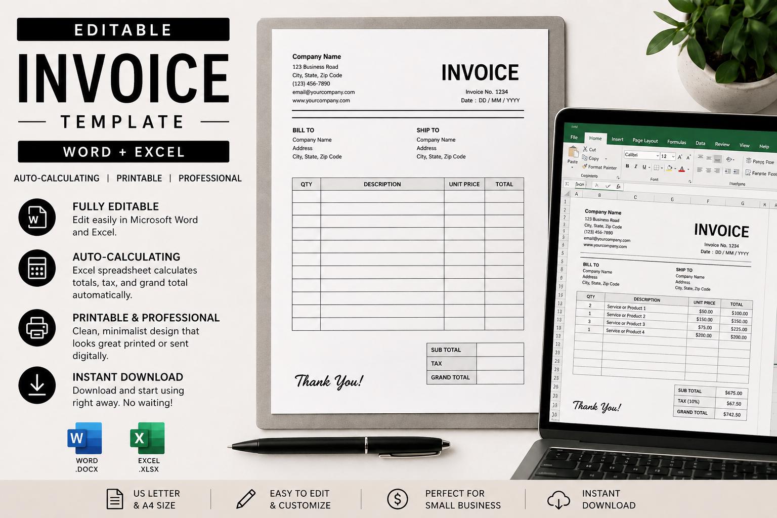 Editable Invoice Template: Printable Microsoft Word Invoice + Excel (A4 ...