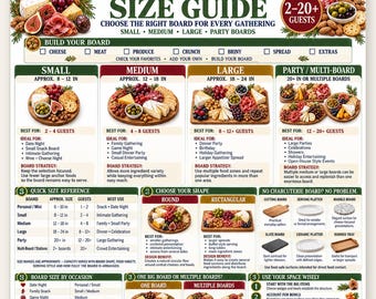 Charcuterie Board Size Guide, How Big for 2-20+ Guests, Dimensions Shapes & Serving Chart, Grazing Entertaining Hostess Printable PDF