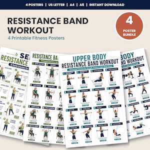 May include: A bundle of four printable fitness posters titled Resistance Band Workout, featuring 16 exercises per sheet with illustrations and instructions. The posters are available in US Letter, A4, and A5 sizes as an instant download for home use.