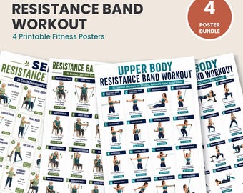 Widerstandsband Workout Bundle PDF| 4 Druckbare Diagramme 64 Übungen | Ober-Unterkörper Senior Chair | Home Gym Stärke | Sofort Download