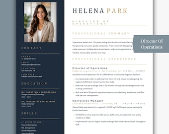May include: A professional resume template with a photo of a woman in a blazer. The resume includes contact information, education, skills, and work experience as Director of Operations.