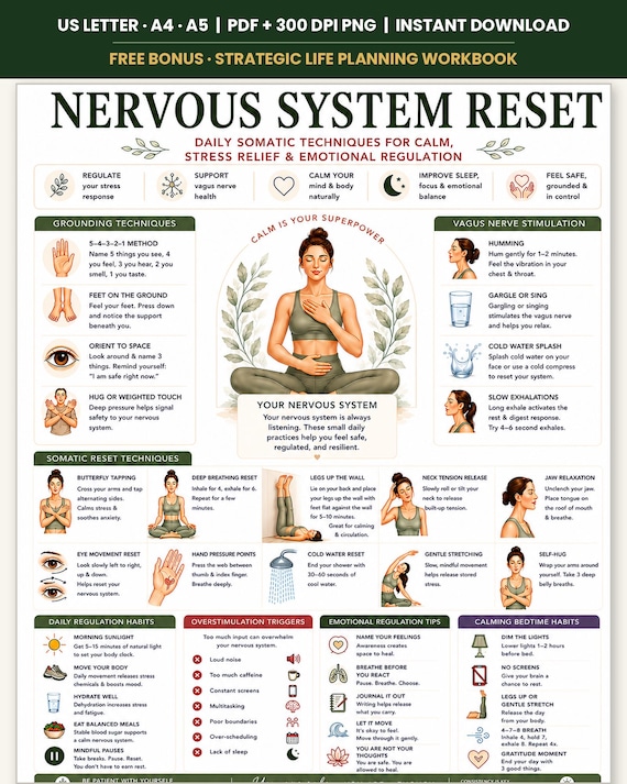 Nervous System Reset Printable, Somatic Techniques Poster for Stress Relief Anxiety, Vagus Nerve & Grounding Guide, A4 US Letter PDF