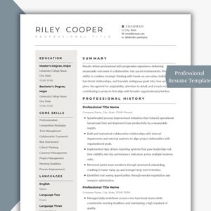 Könnte beinhalten: Eine professionelle Lebenslaufvorlage mit dem Namen "Riley Cooper" oben. Der Lebenslauf enthält Abschnitte für Ausbildung, Kernkompetenzen, Sprachen, Zusammenfassung und Berufserfahrung. Die Vorlage ist weiß mit schwarzem Text.