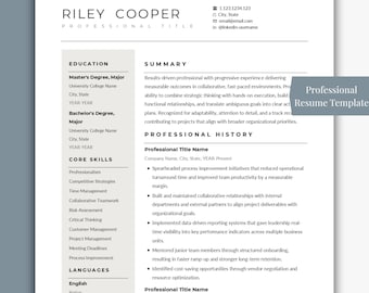 May include: A professional resume template with the name "Riley Cooper" at the top. The resume includes sections for education, core skills, languages, summary, and professional history. The template is white with black text.