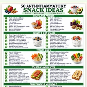 May include: A digital document titled 50 Anti-Inflammatory Snack Ideas featuring a numbered list of food combinations categorized into fruit, nut, yogurt, chia, veggie, toast, and savory snacks with colorful illustrations of ingredients.