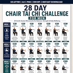 Pode incluir: Um gráfico de desafio de Tai Chi em cadeira de 28 dias para homens, apresentando uma grade de movimentos diários sentados com instruções. O documento inclui seções para as semanas 1 a 4, focadas em base, força, equilíbrio e fluxo.