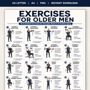 May include: A white informational poster titled EXERCISES FOR OLDER MEN featuring 16 numbered illustrations of a person performing dumbbell exercises. Each section includes the exercise name, set and repetition counts, and brief instructional text.