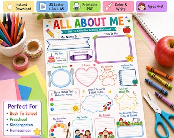 All About Me Worksheet Printable | Get to Know Me Activity Sheet for Kids | Back to School First Day Classroom Worksheet | Instant Download