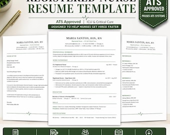 May include: A Registered Nurse resume template with the text "Professional & ATS Approved" and "ATS Approved". The resume includes a cover letter, references, and a resume writing guide. The template is designed to help nurses get hired faster.