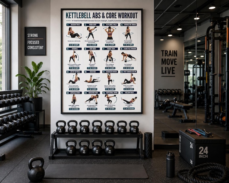 Full Body Kettlebell Exercises, Kettlebell Workout Poster For Beginner, Strength & Conditioning Training Routine Home Gym Wall Art Printable