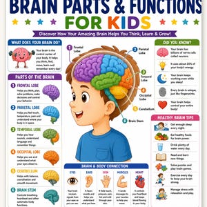 May include: An educational poster titled BRAIN PARTS & FUNCTIONS FOR KIDS featuring a central illustration of a child with a color-coded brain diagram. It includes sections on brain anatomy, functions, healthy tips, and brain-body connections.