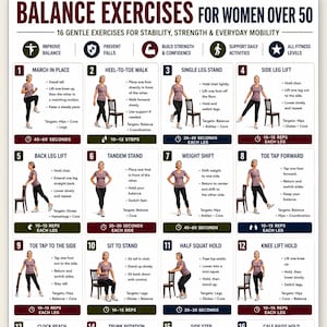 Puede incluir: Un póster digital titulado Balance Exercises for Women Over 50, que presenta 16 paneles numerados con ilustraciones de una persona realizando movimientos. Incluye texto para nombres de ejercicios, instrucciones paso a paso y grupos musculares.