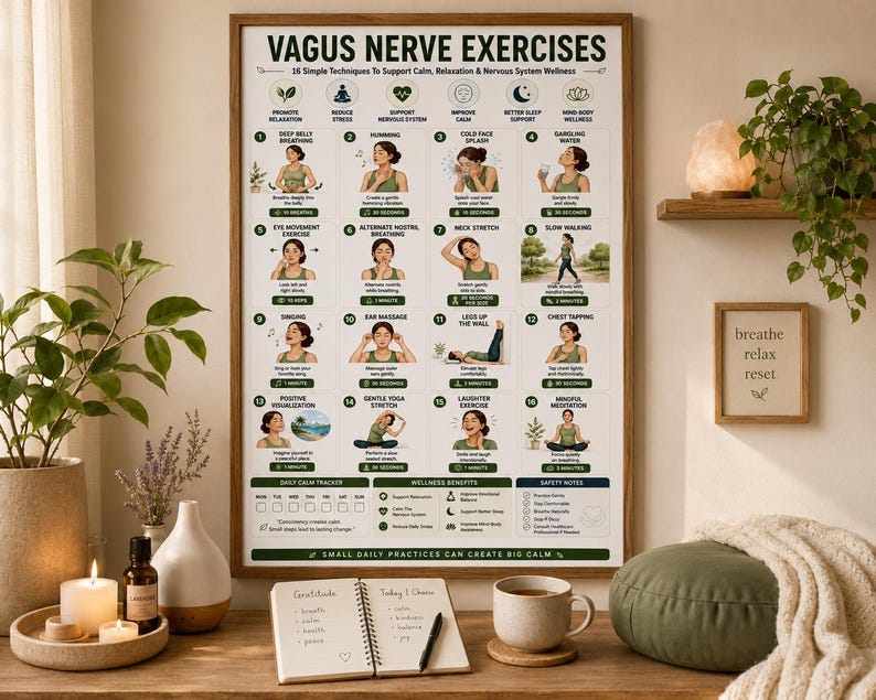 Vagus Nerve Exercises Printable, Breathing and Relaxation Routine, Gentle Movement Exercises, Daily Routine Chart, PDF Poster