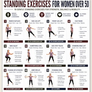 Könnte beinhalten: Eine digitale Übersicht mit dem Titel STANDING EXERCISES FOR WOMEN OVER 50, die 16 nummerierte Übungsanleitungen für Kraft, Gleichgewicht und Mobilität enthält. Mit Text für US LETTER, A4, A5, PDF, 300 DPI PNG und INSTANT DOWNLOAD.