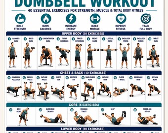 Full Body Dumbbell Workout Printable | 40 Exercise Gym Chart | Home Strength Training Poster | Muscle Building Guide | Instant Download