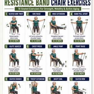 May include: A digital chart titled RESISTANCE BAND CHAIR EXERCISES featuring 12 numbered illustrations of a person performing seated exercises with a green resistance band. Each panel includes text instructions and a 10-12 REPS label for strength training.